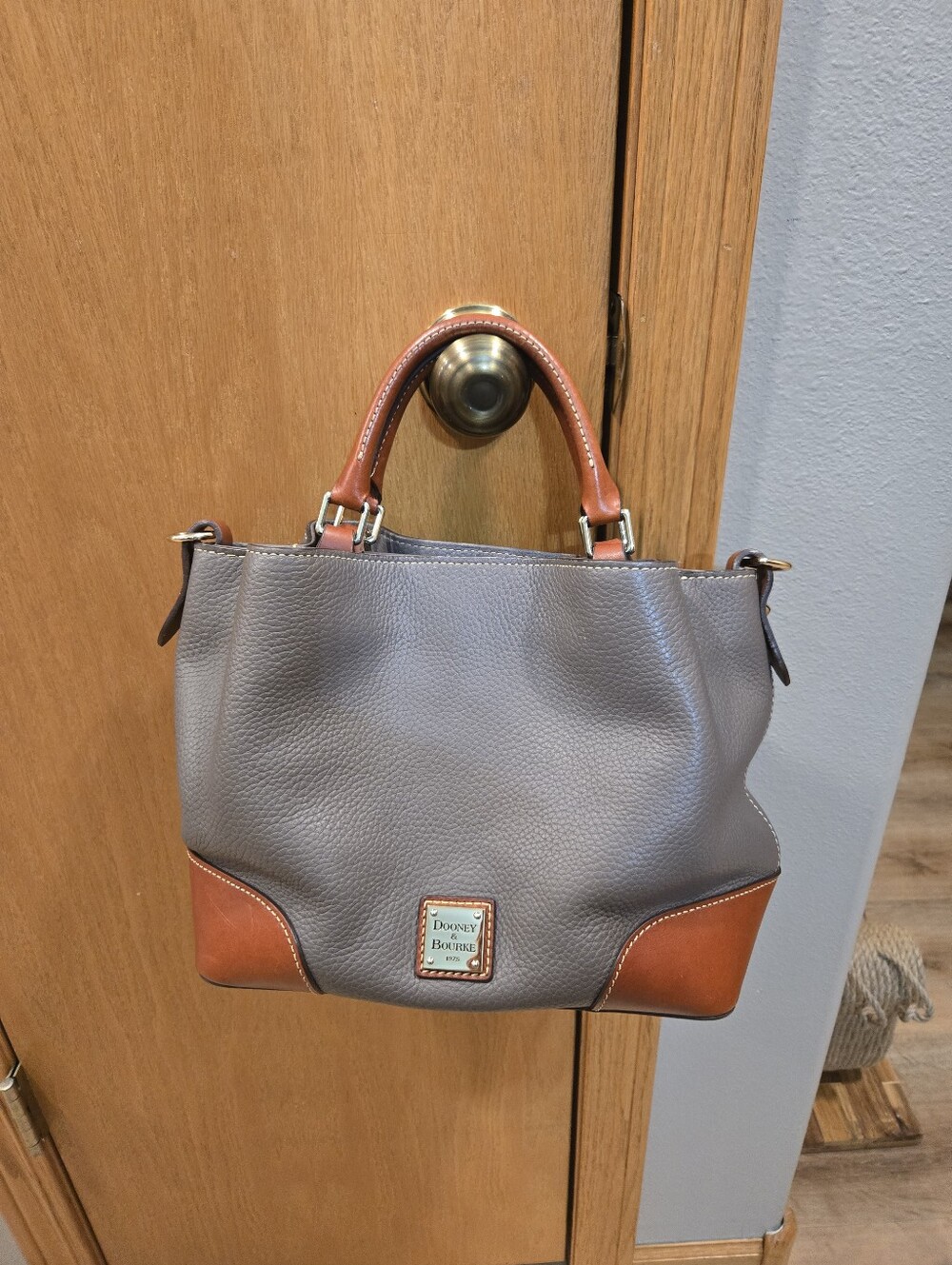 Dooney & Bourke Gray Satchel with Brown Trim and Handles